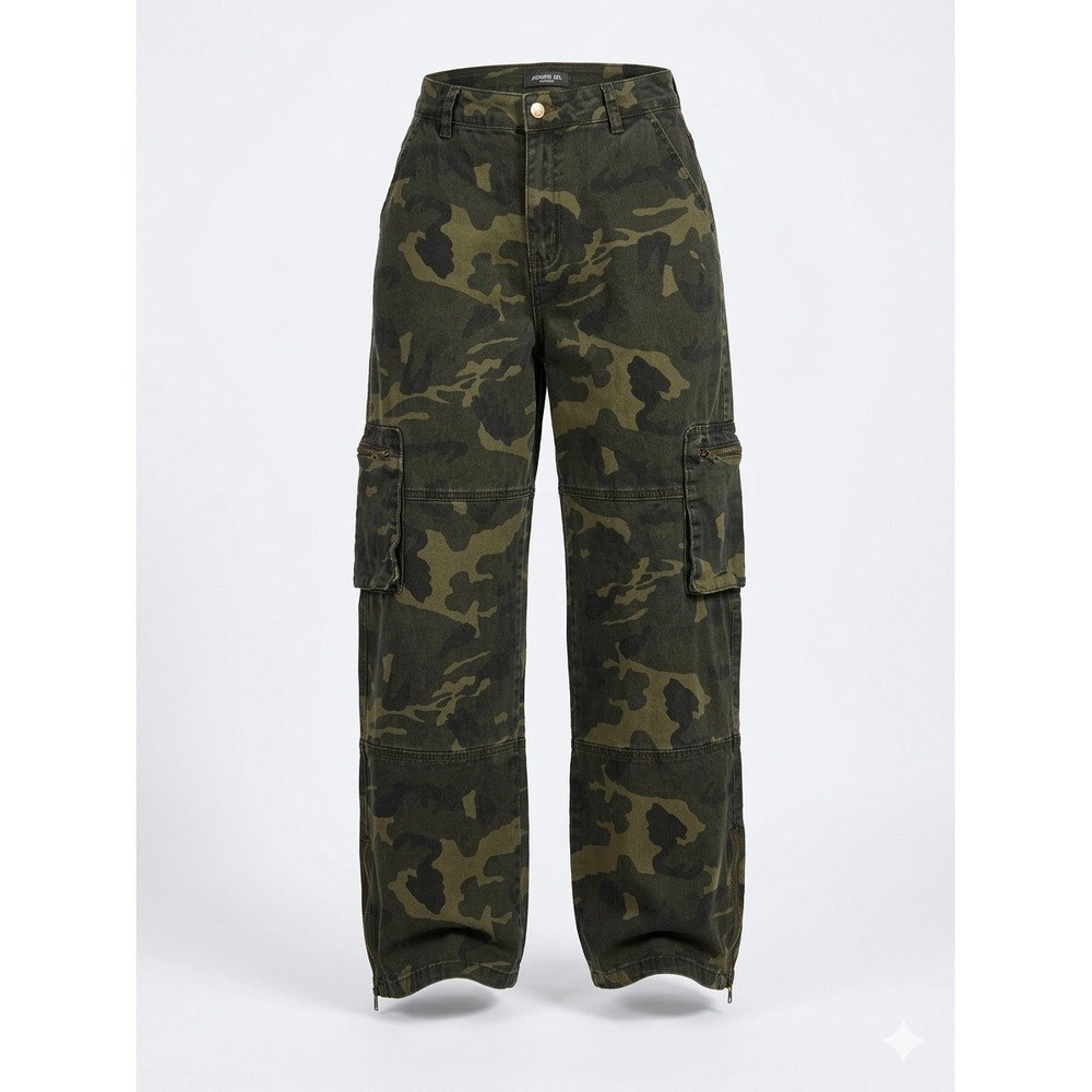 American Bazi RJH-9139CM Women's Wide Leg Camo Cargo Pants w Zip Ankles. Size L